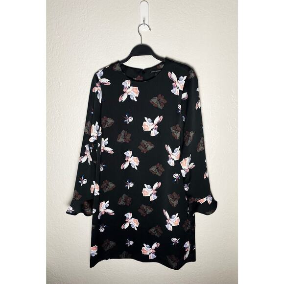 Banana Republic Women's Floral Ruffle-Cuff Dress Sheath Shift Lined Black Print - Picture 3 of 8
